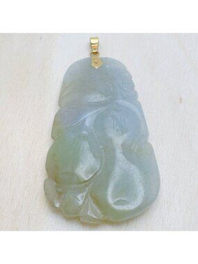 14K Yellow Gold Bail Green White Jadeite Pendant Carved Peach Design 2" Vintage